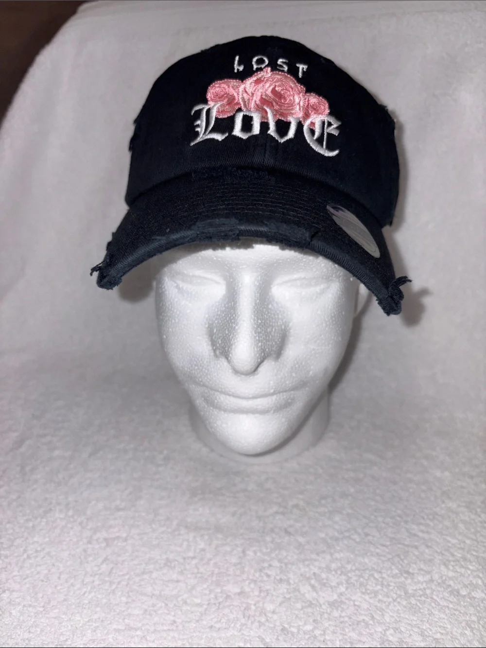 KBETHOS Black Distressed Baseball Cap with Pink Rose Embroidery os